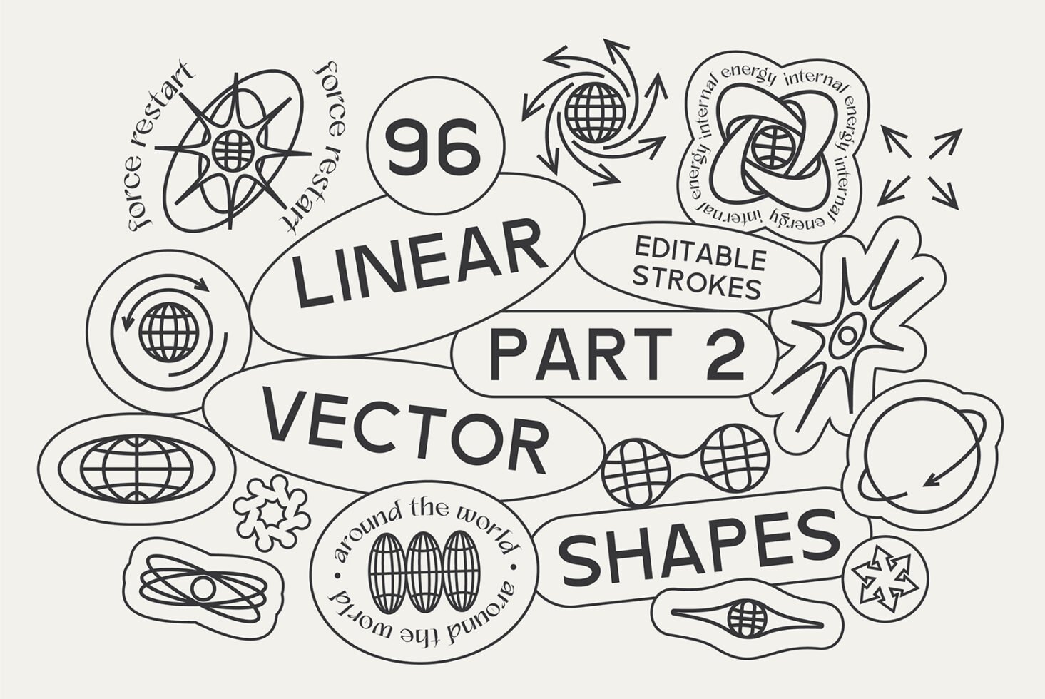 Linear vector shapes set featuring 96 editable strokes with abstract geometric designs for designers. Suitable for templates graphics mockups. Part 2.