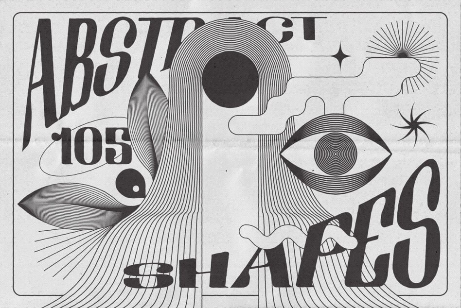 Groovy abstract design with head profile, eye, geometric elements, vintage