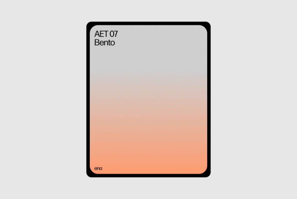 Minimalist design template featuring soft gradient from gray to peach with AET 07 Bento text. Ideal for graphic designers seeking modern aesthetics.