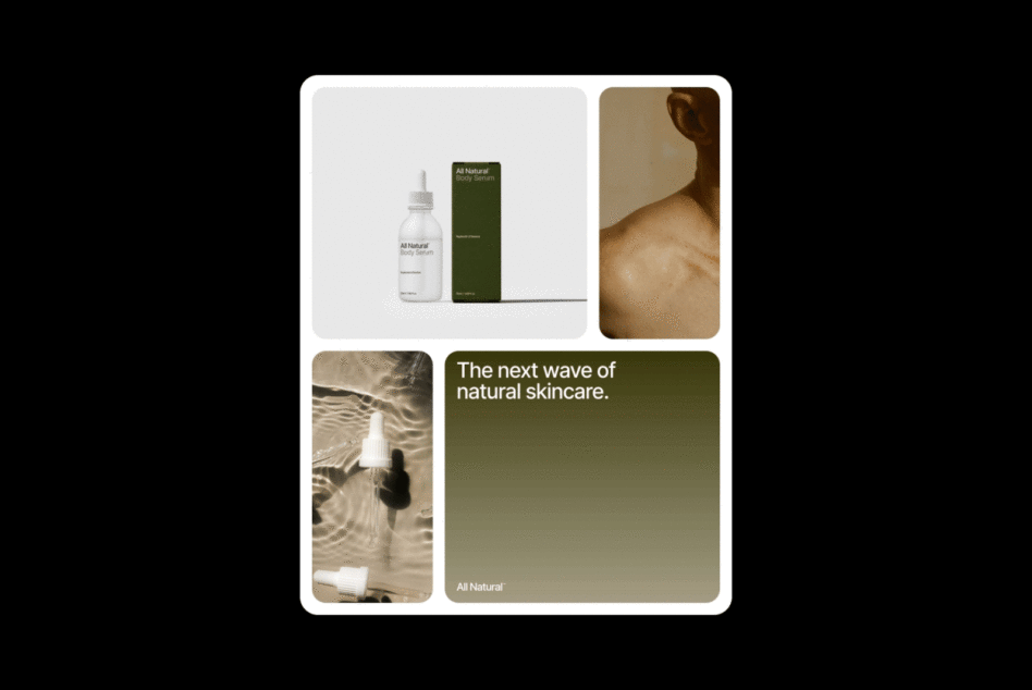 Collage showcasing skincare product mockup with natural designs featuring serum bottle and skin texture. Perfect for designers in beauty branding.