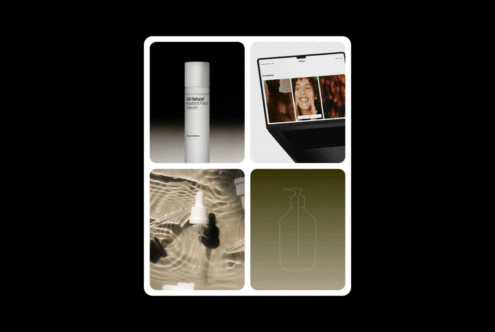 Collage featuring skincare packaging mockup white bottle serum dropper and laptop displaying website for designers branding and ecommerce templates.