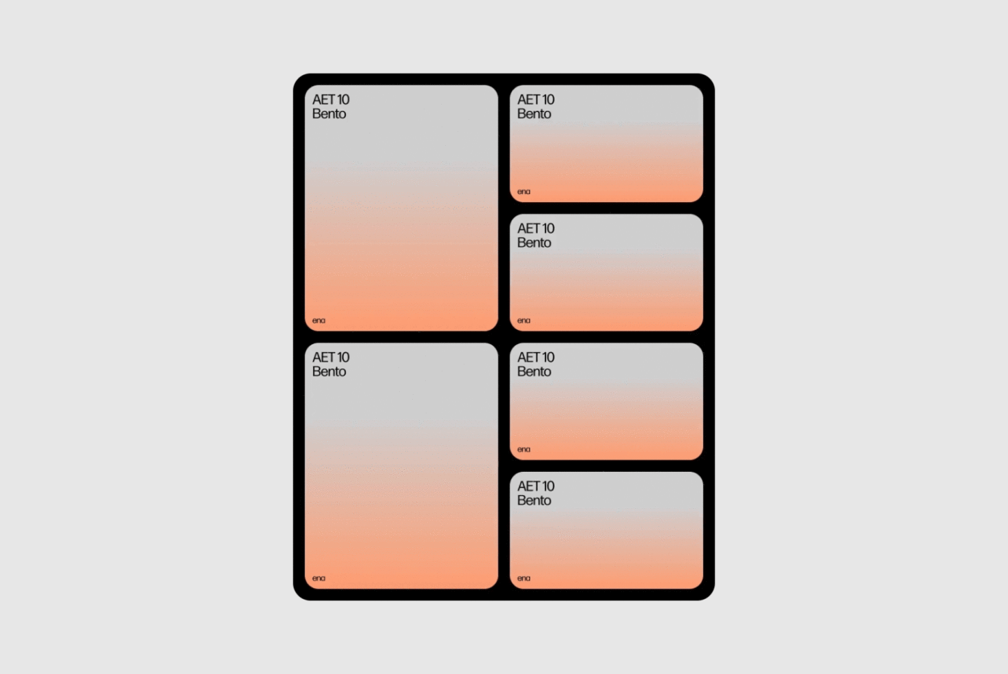 Bento-style UI template with a black frame and gradient orange background. Perfect for designers seeking modern layouts. Editable Adobe design asset.