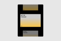 Device carousel mockup with gradient swatches labeled AET 06 stacked layout
