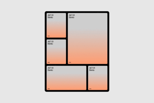 Minimalist grid template in orange gradient, titled AET 01 Bento. Suitable for digital designers seeking unique mockup graphics in modern styles.