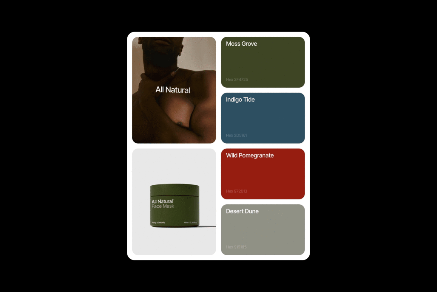 Color palette with swatches including Moss Grove, Indigo Tide, Wild Pomegranate Desert Dune. Mockup of a natural face mask. Design asset for designers.