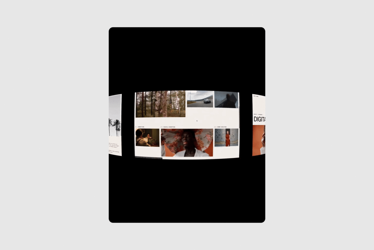 Interactive website mockup displaying a rotating carousel of images set against a black background, ideal for designers seeking digital design inspiration.