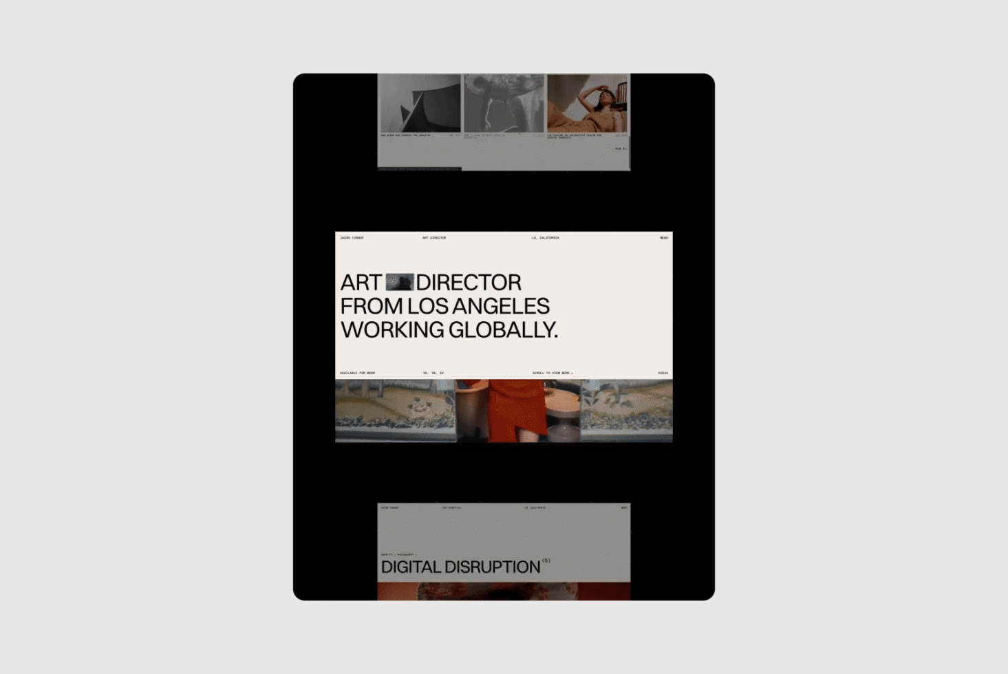 Digital portfolio template showcasing art director from Los Angeles. Modern design with bold typography. Ideal for designers seeking creative inspiration.