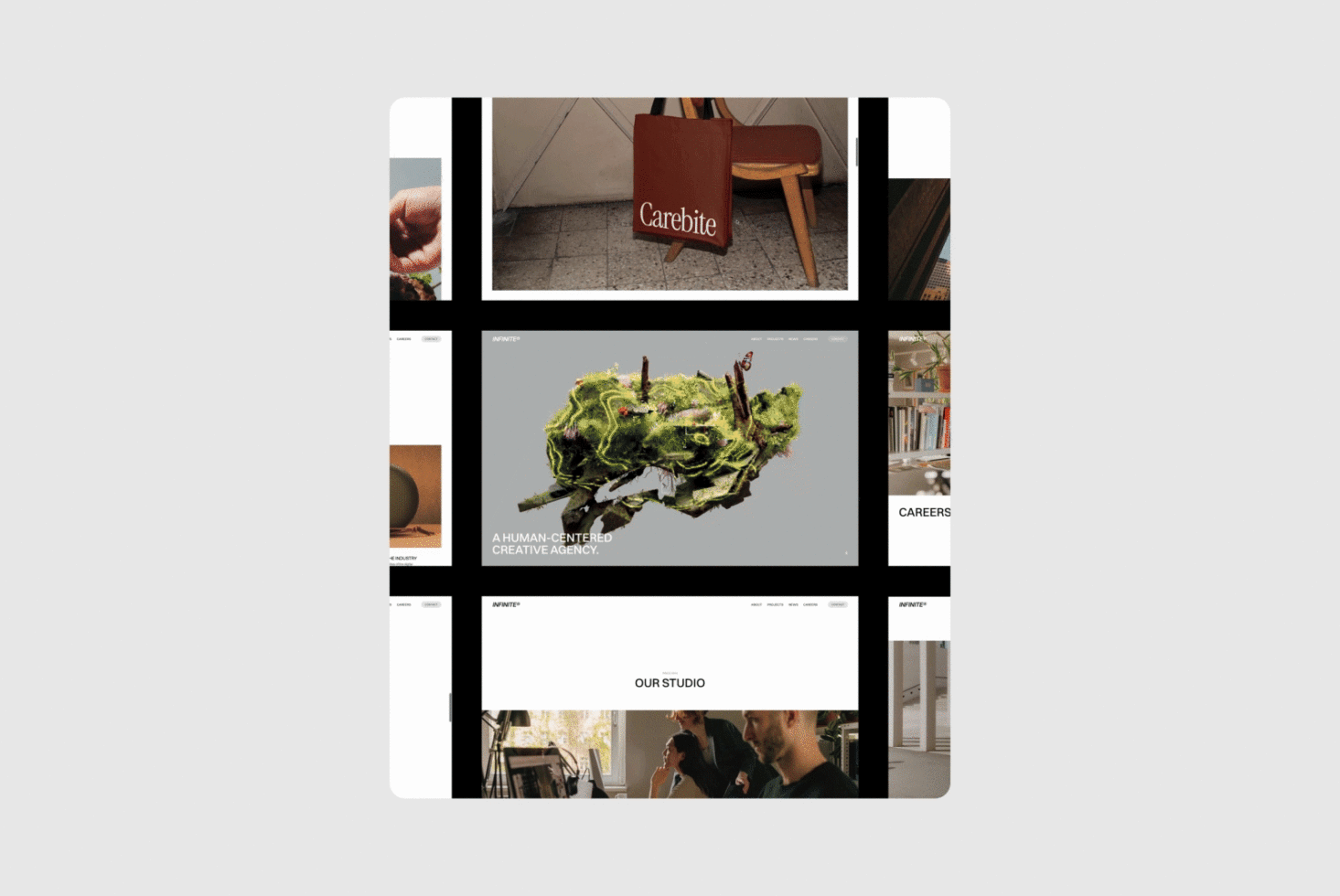 Collage of creative agency website mockups featuring textured designs, branding elements, and studio environment. Ideal for designers seeking inspiration.