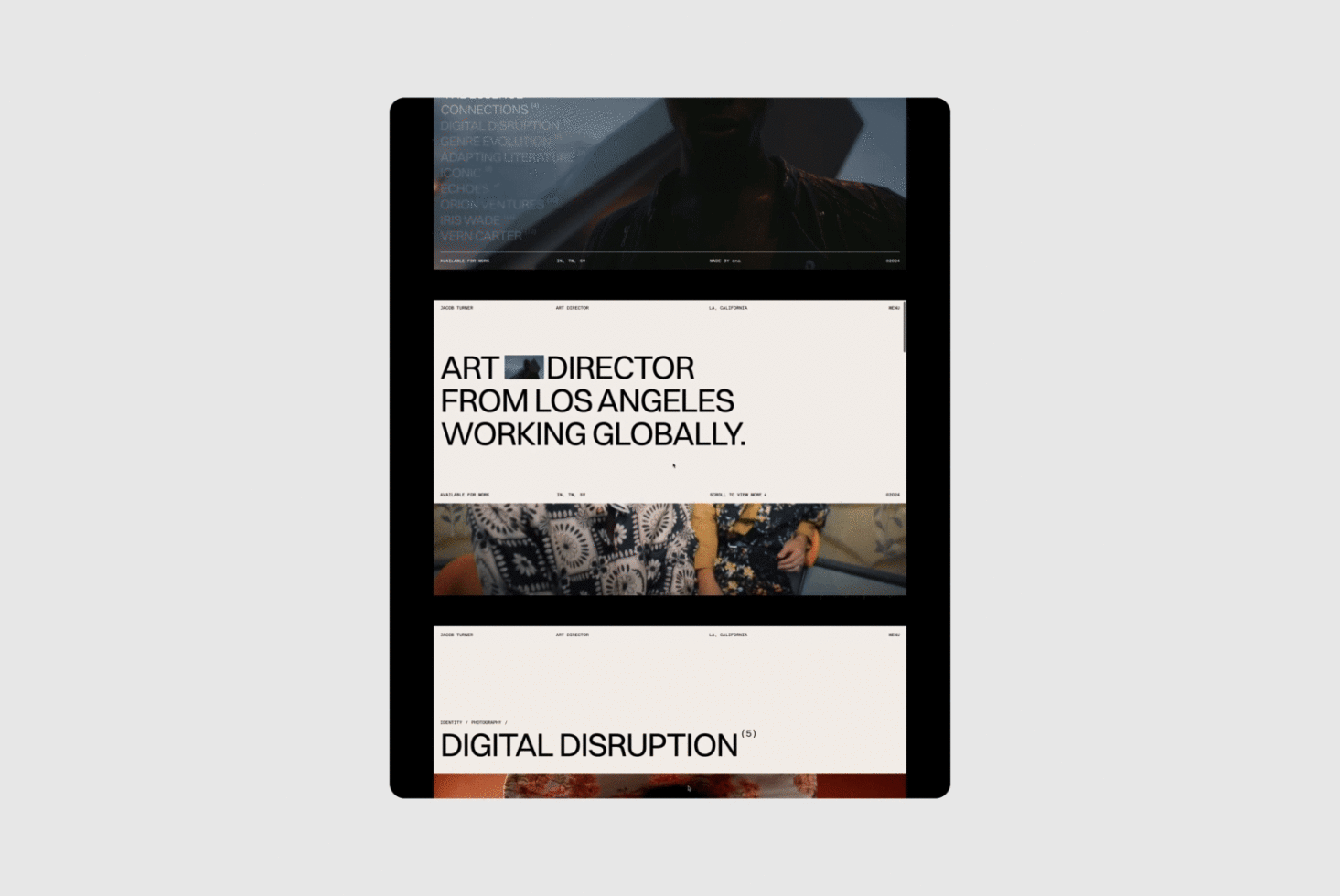 Sleek digital portfolio mockup featuring a minimalist design with bold typography. Ideal for showcasing work in art direction and graphic design templates.