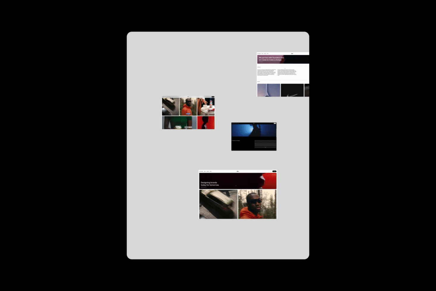 Website mockup showcasing various design elements including images, text blocks and grids on a gray background ideal for UI UX designers and developers.