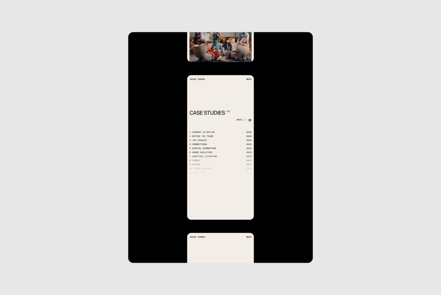 Minimalist mobile app UI mockup featuring a clean, vertical layout with a case studies list. Suitable for UX designers, digital assets, app templates.