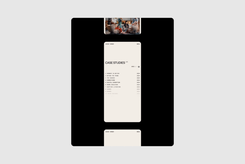 Minimalist mobile app UI mockup featuring a clean, vertical layout with a case studies list. Suitable for UX designers, digital assets, app templates.