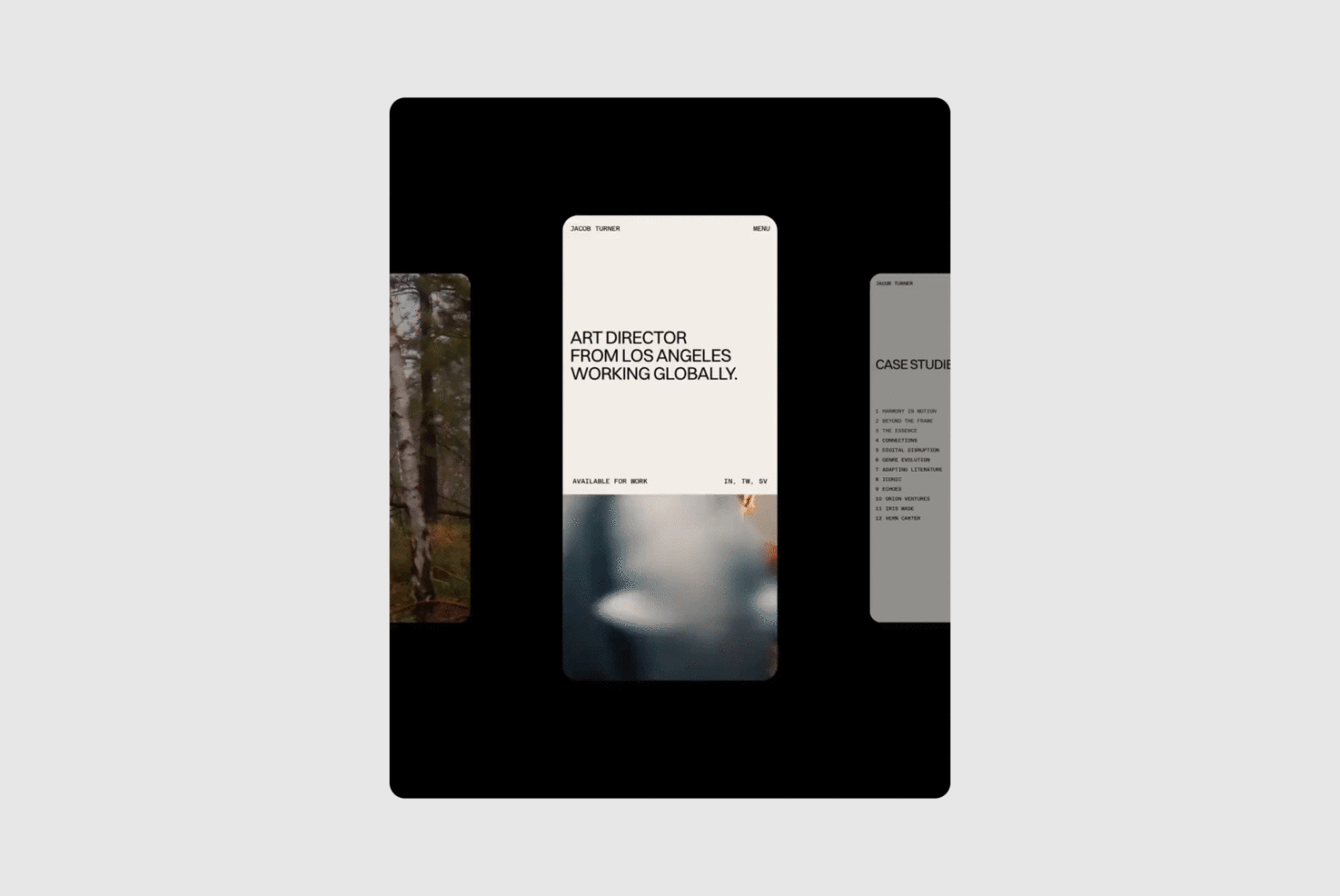 Minimalist mobile website template for designers featuring art director portfolio layout sleek interface global reach digital asset mockup design