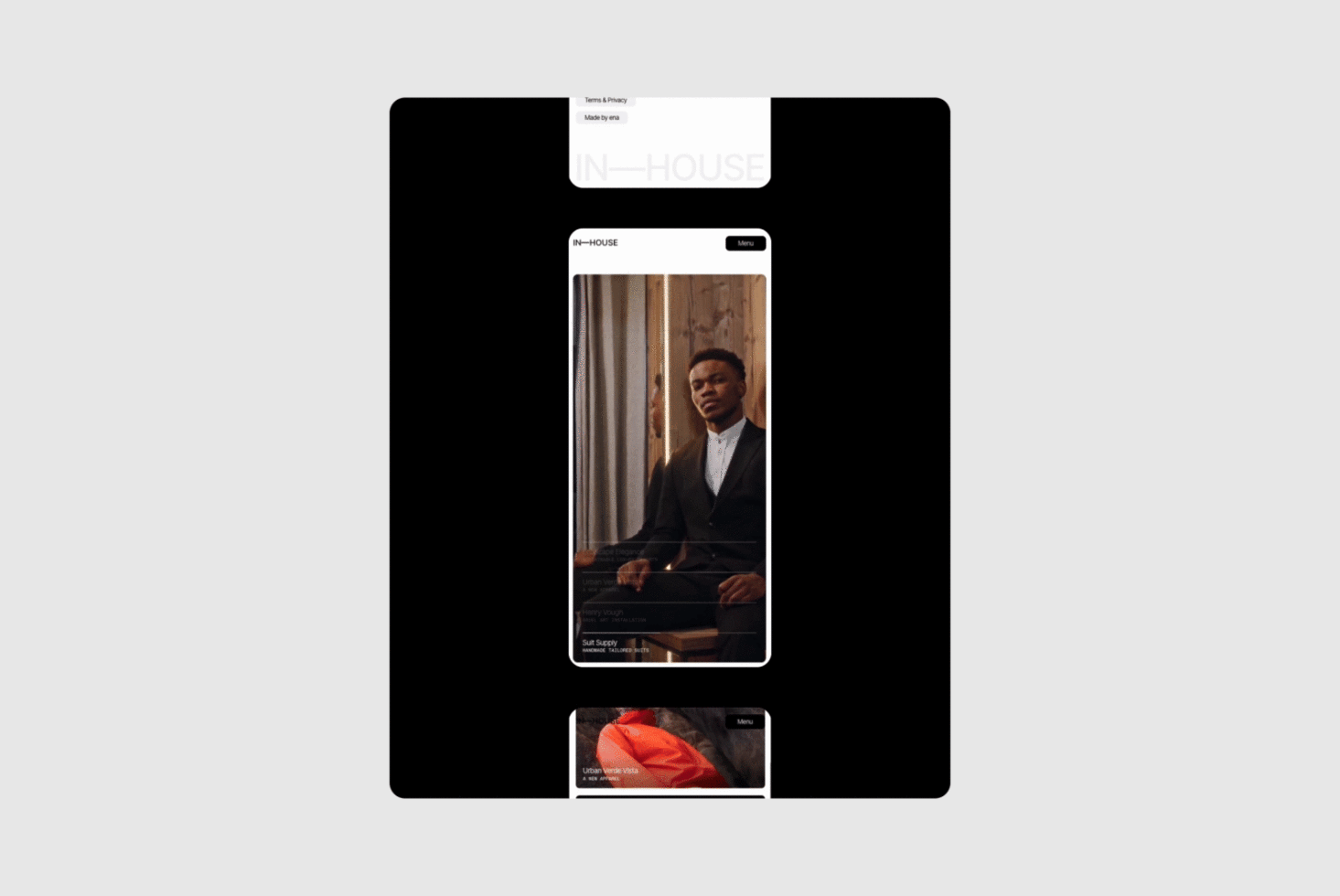 Elegant mobile app mockup featuring a fashion website interface with a model in a suit interior setting. Ideal for designers focusing on UI UX design.