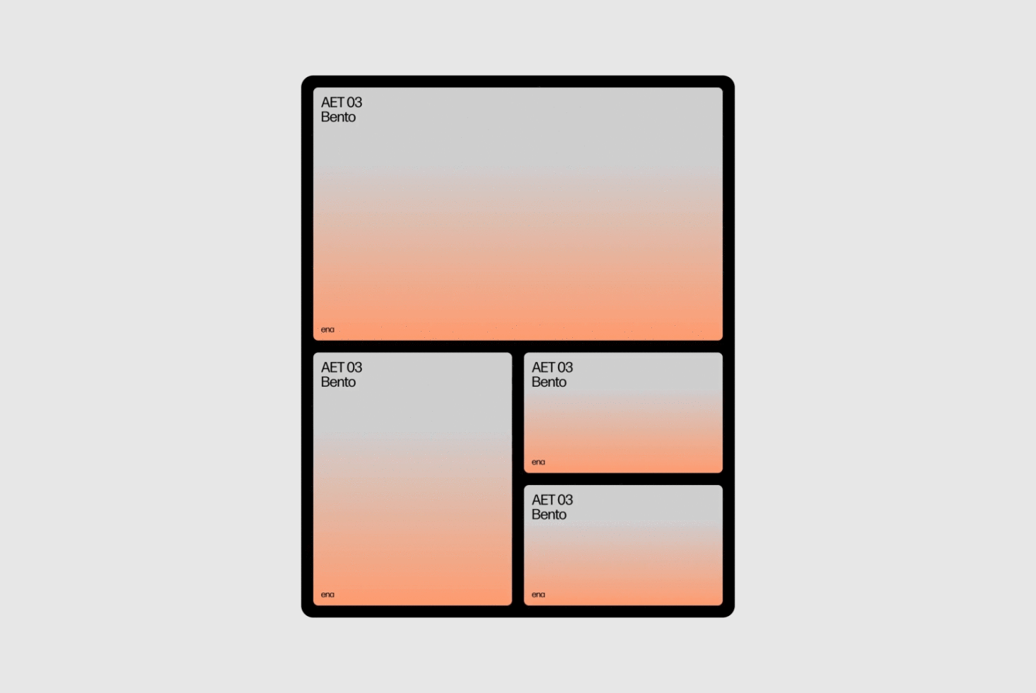 Minimalist gradient bento grid template with gray to orange hues ideal for designers seeking modern layout mockup for graphic design projects.