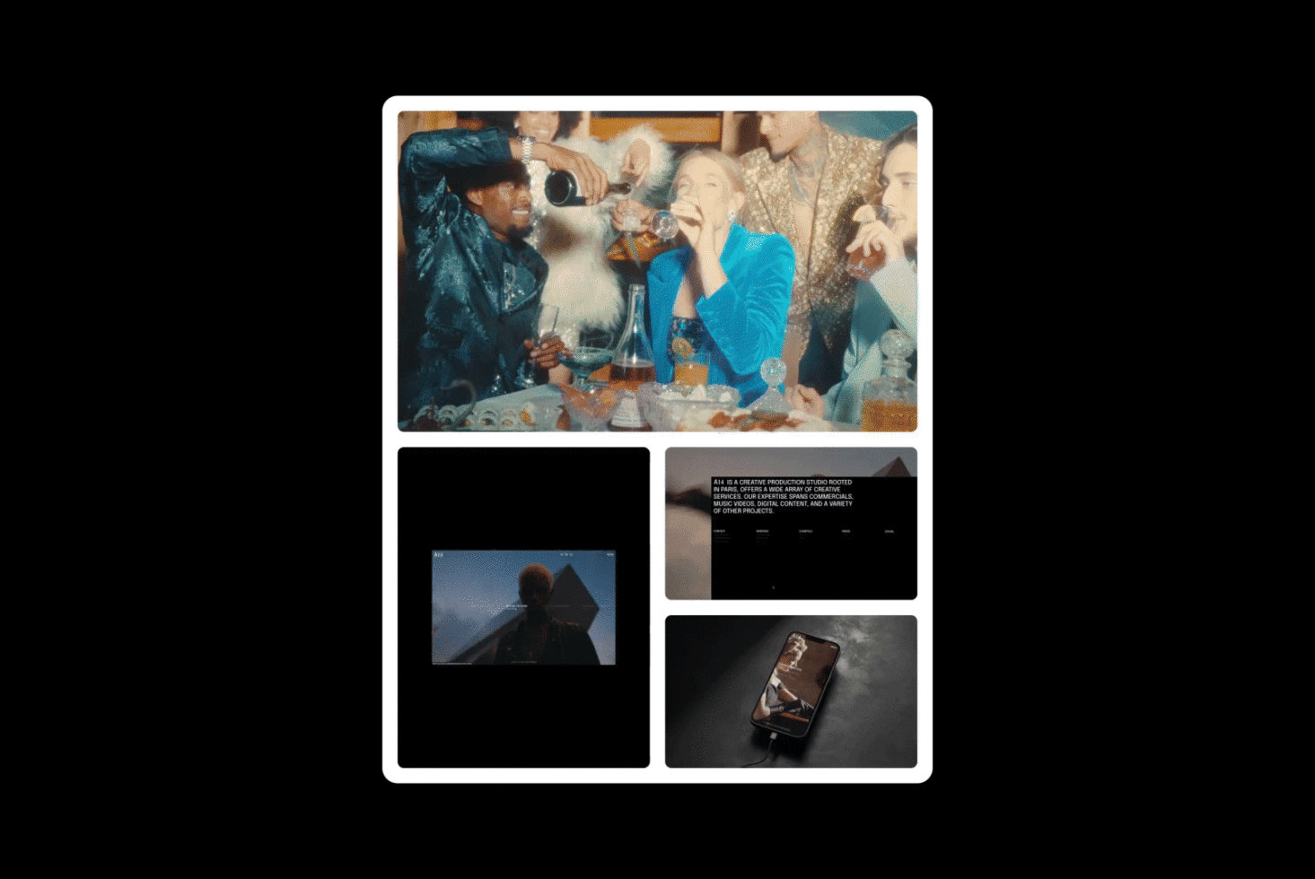 Collage of vibrant retro images for design inspiration. Includes party scene, cinematic shots, smartphone mockup. Perfect for graphic designers, templates.