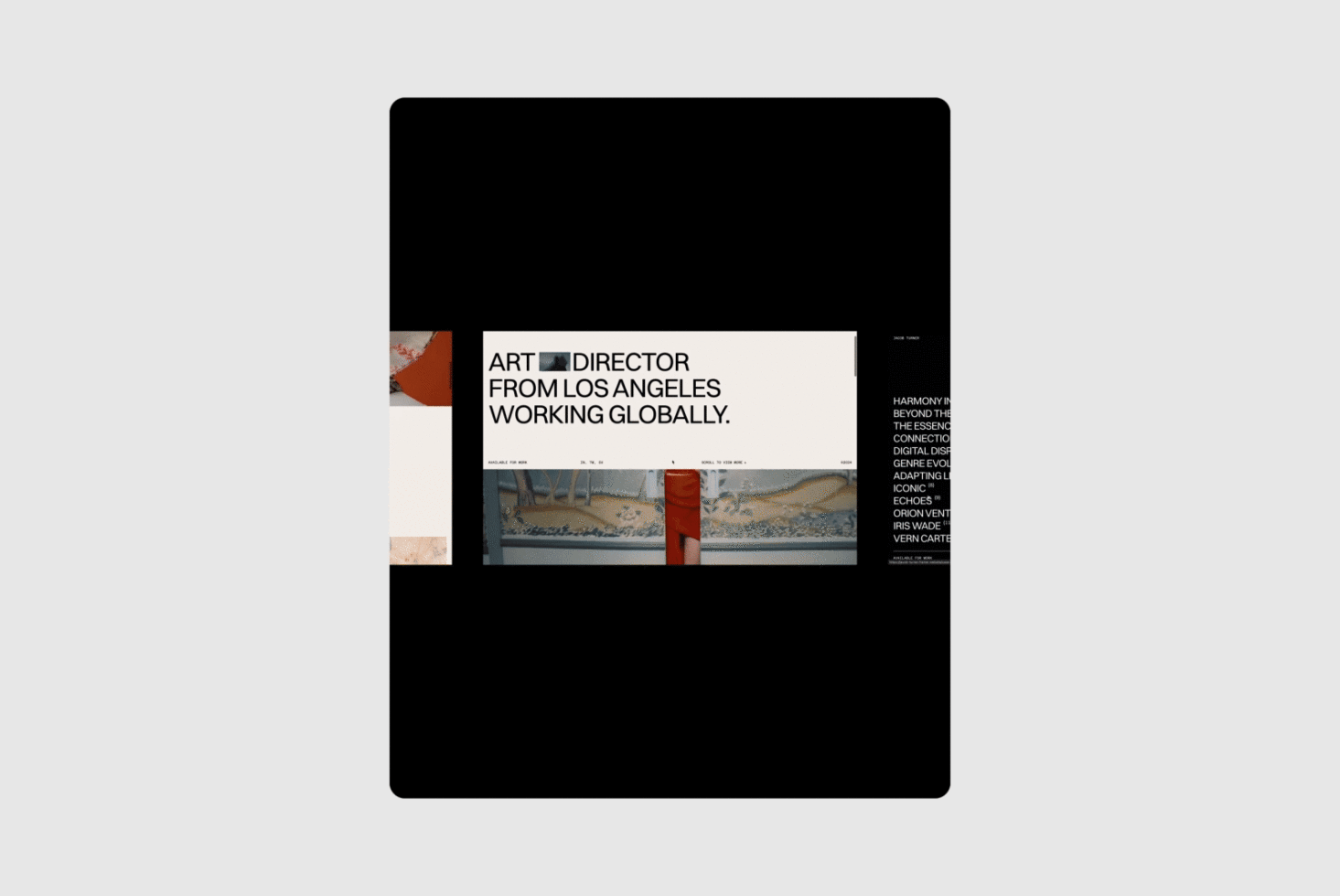 Website template showcasing a modern art director portfolio from Los Angeles working globally. Stylish layout with bold typography. Ideal for designers.