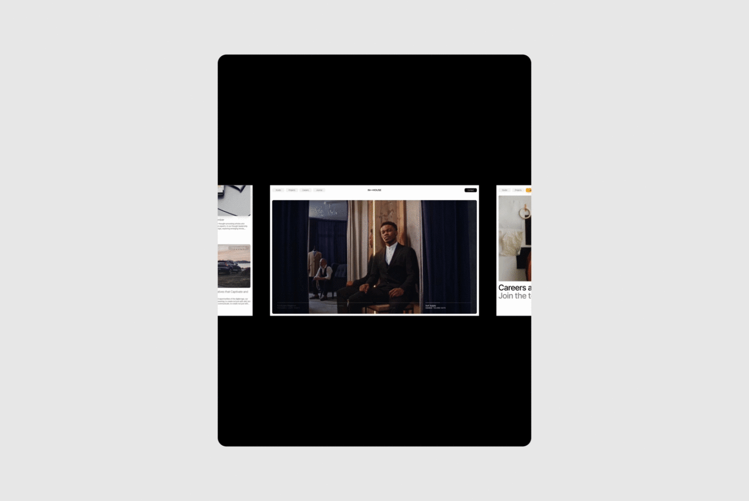 Website design mockup displaying a fashion photoshoot on a digital screen with a person in formal attire SEO keywords: mockup design template fashion