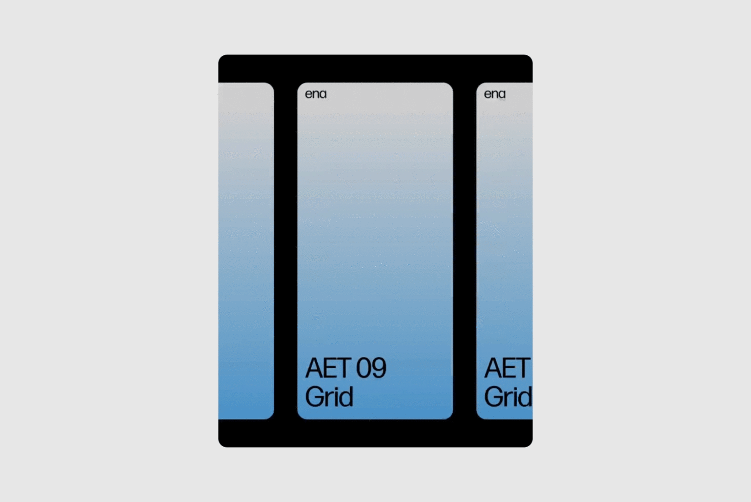 Minimalist template design featuring a black grid with blue gradient panels labeled AET 09 Grid suitable for digital design projects and mockups.
