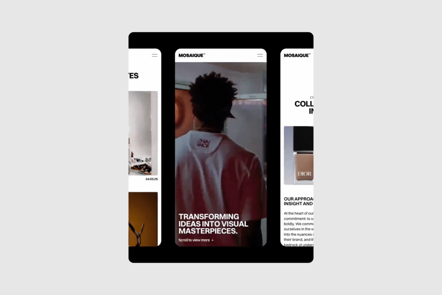 Person in white shirt with text, surrounded by digital design elements for a brand. Suitable for mockups or graphic design showcasing visual concepts.