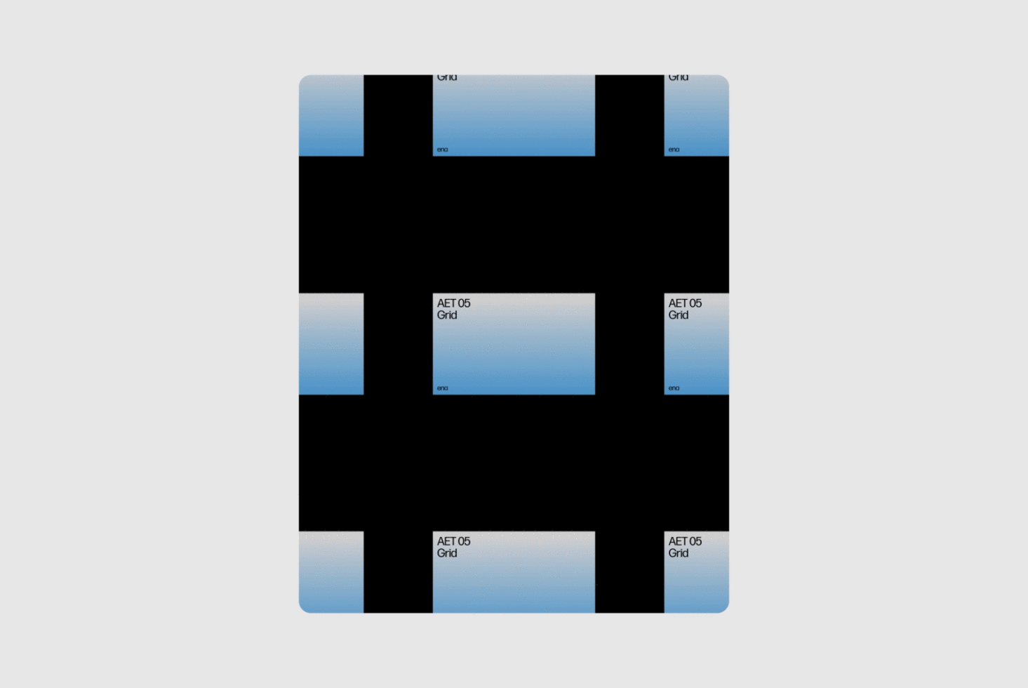 Mockup template showcasing AET 05 grid design with gradient blue elements on a black background for digital assets visual presentation for designers.