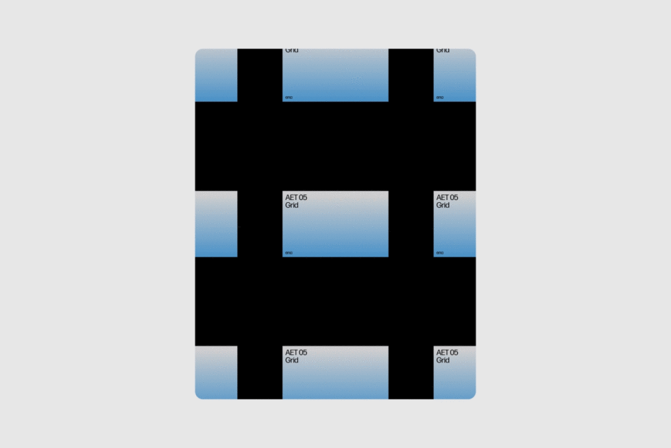 Mockup template showcasing AET 05 grid design with gradient blue elements on a black background for digital assets visual presentation for designers.