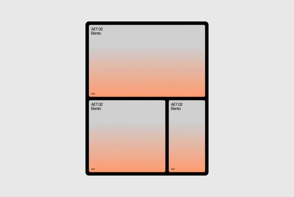 Bento layout mockup with peach gradient showing three card sizes in grid