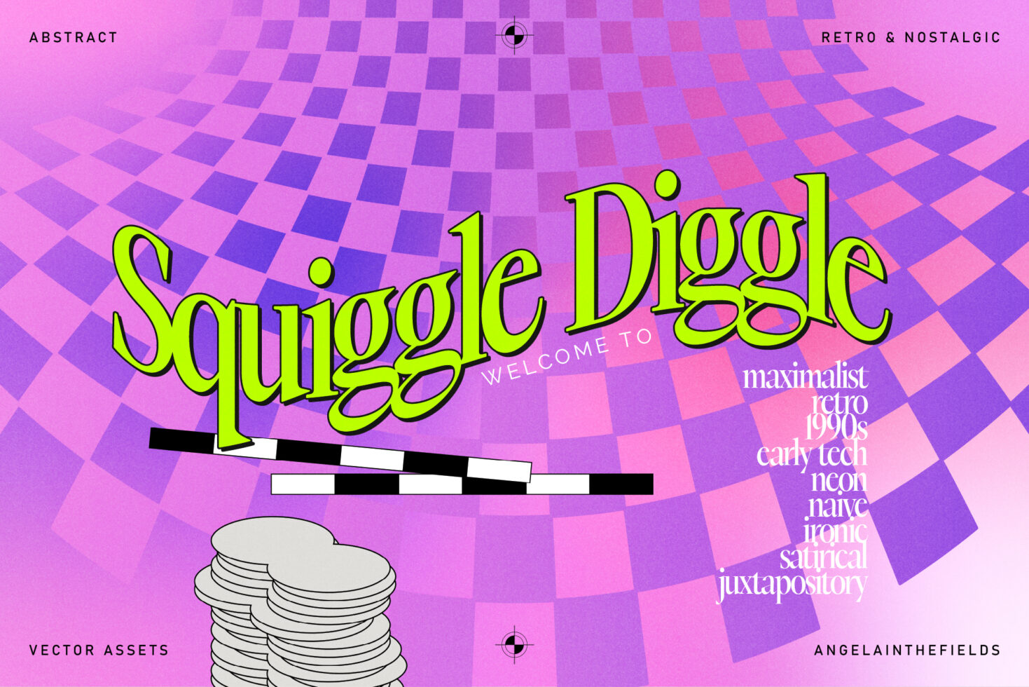 Neon yellow text Squiggle Diggle on warped checkerboard purple background with stacked plates