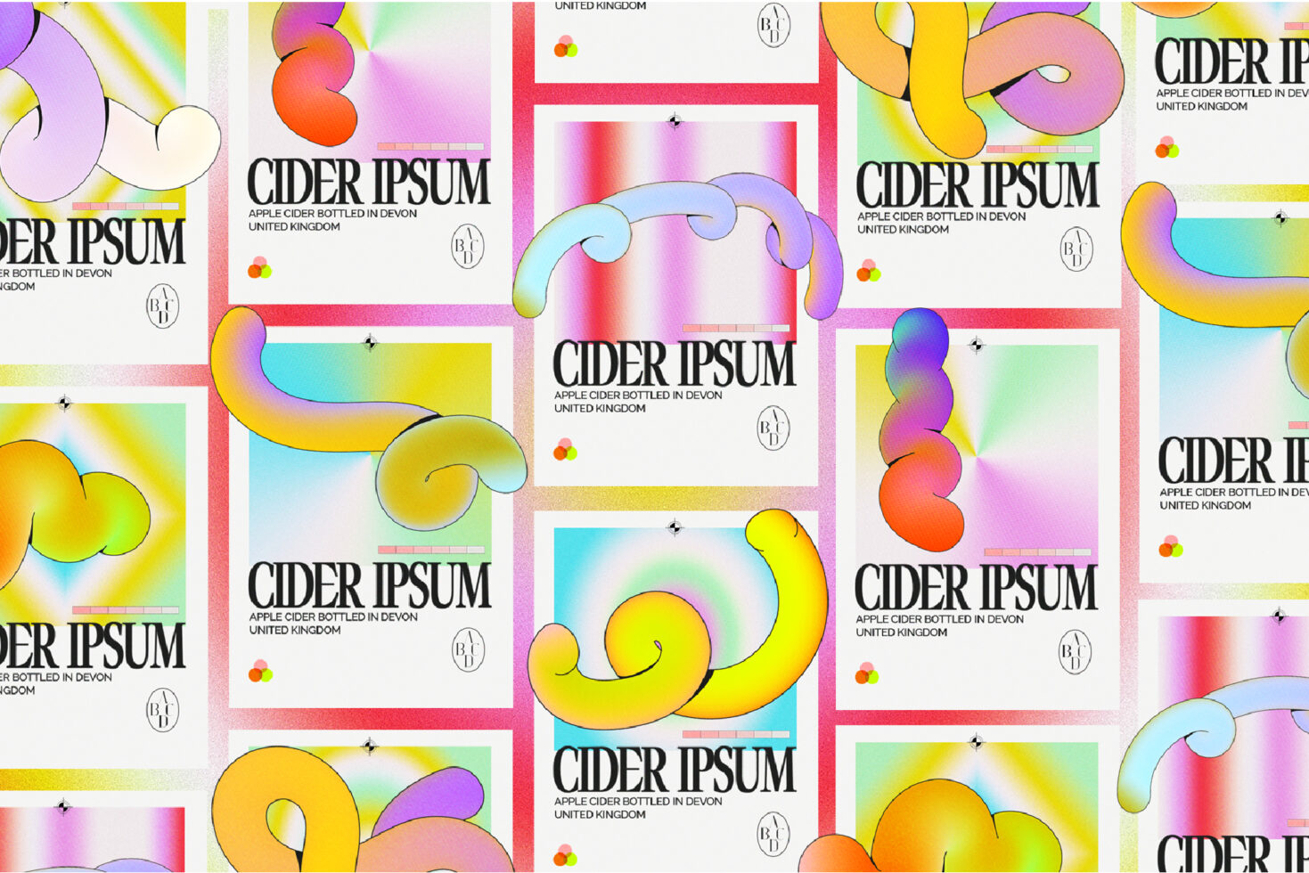 Colorful gradient cider bottle label layouts with rainbow shapes on white backgrounds