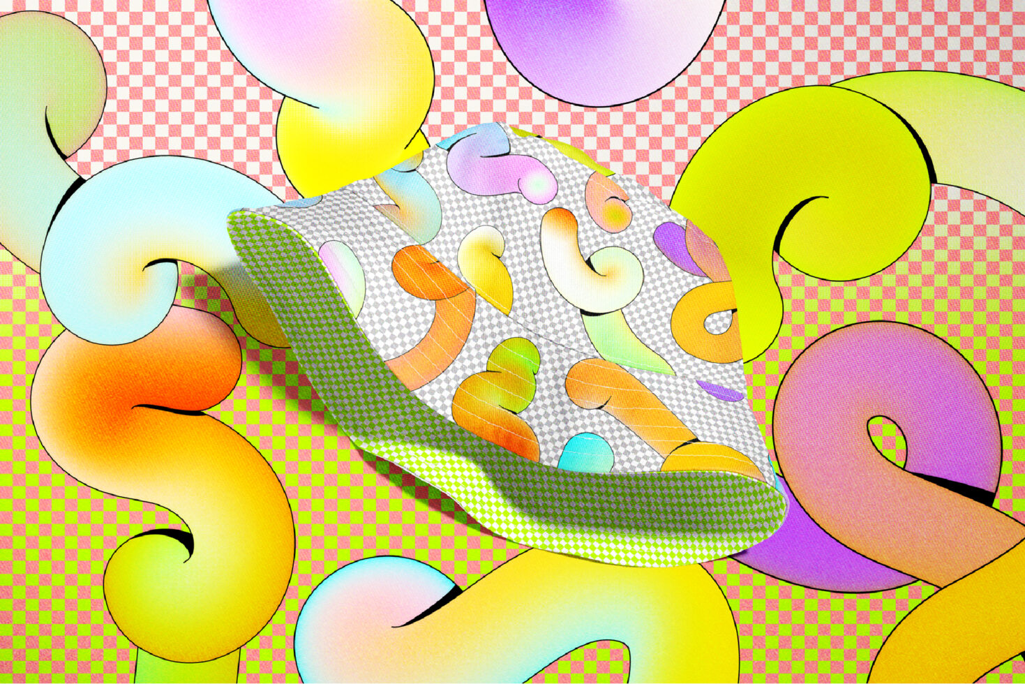 Overlapping colorful abstract blobs with checkered halftone pattern backgrounds