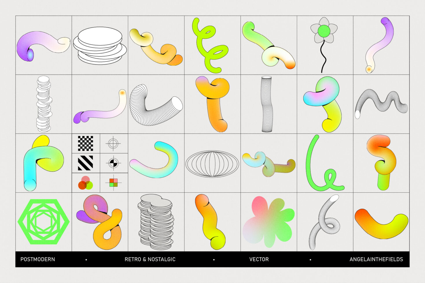 Collection of wavy forms squiggles flowers mixing bold gradients sketchy lines