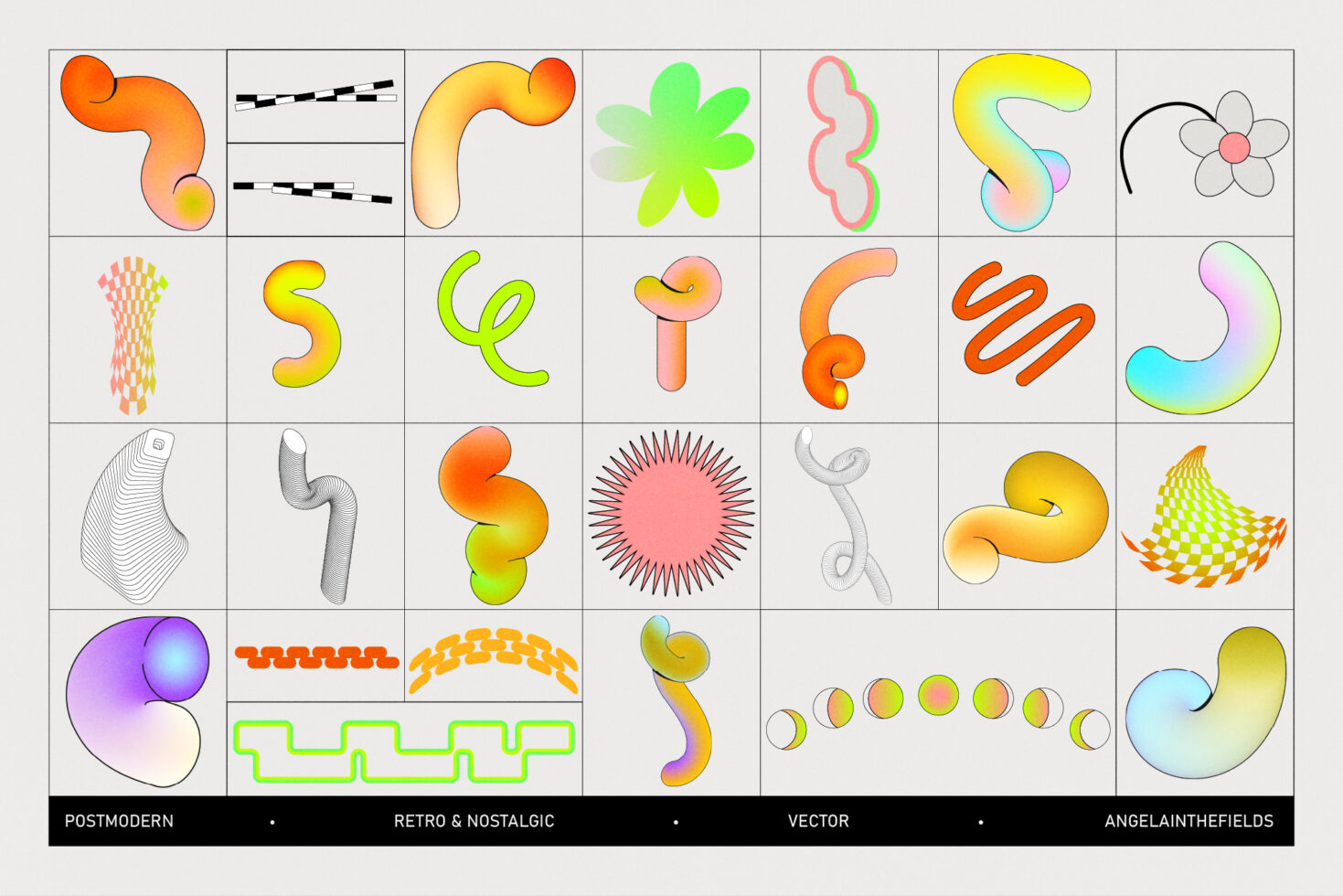 Expressive curved shapes in neon colors with geometric textures across rows