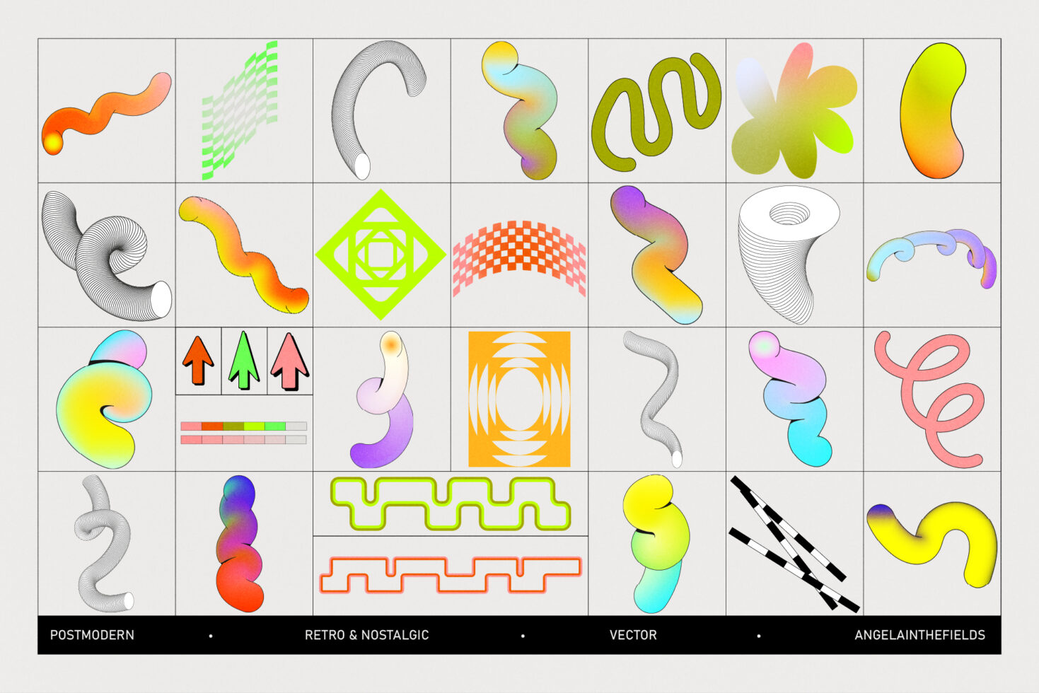 Grid of playful organic shapes mixing gradient fills line work retro patterns