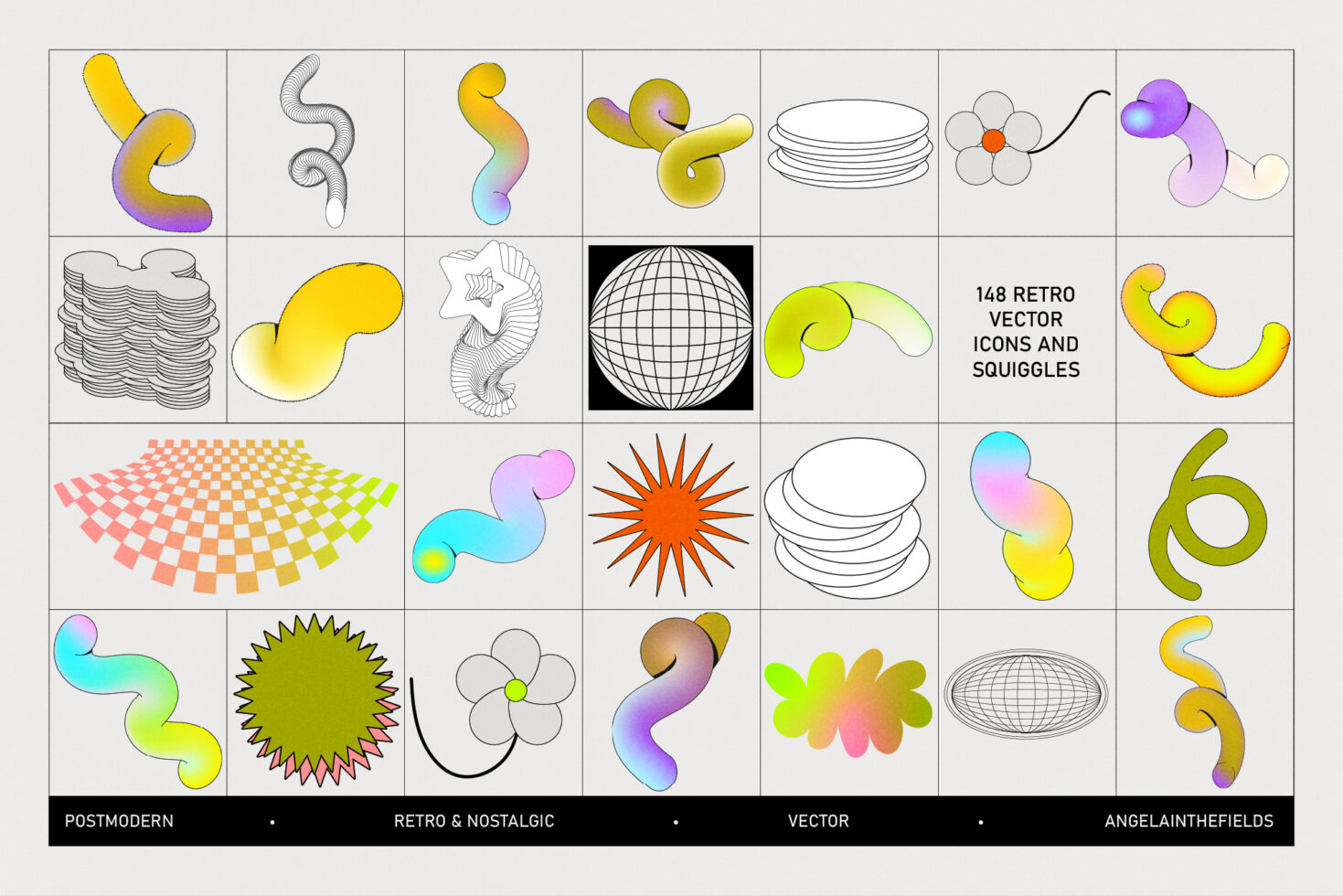 Grid showing 148 retro vector icons including squiggles, flowers, globes, checkerboard, sun bursts