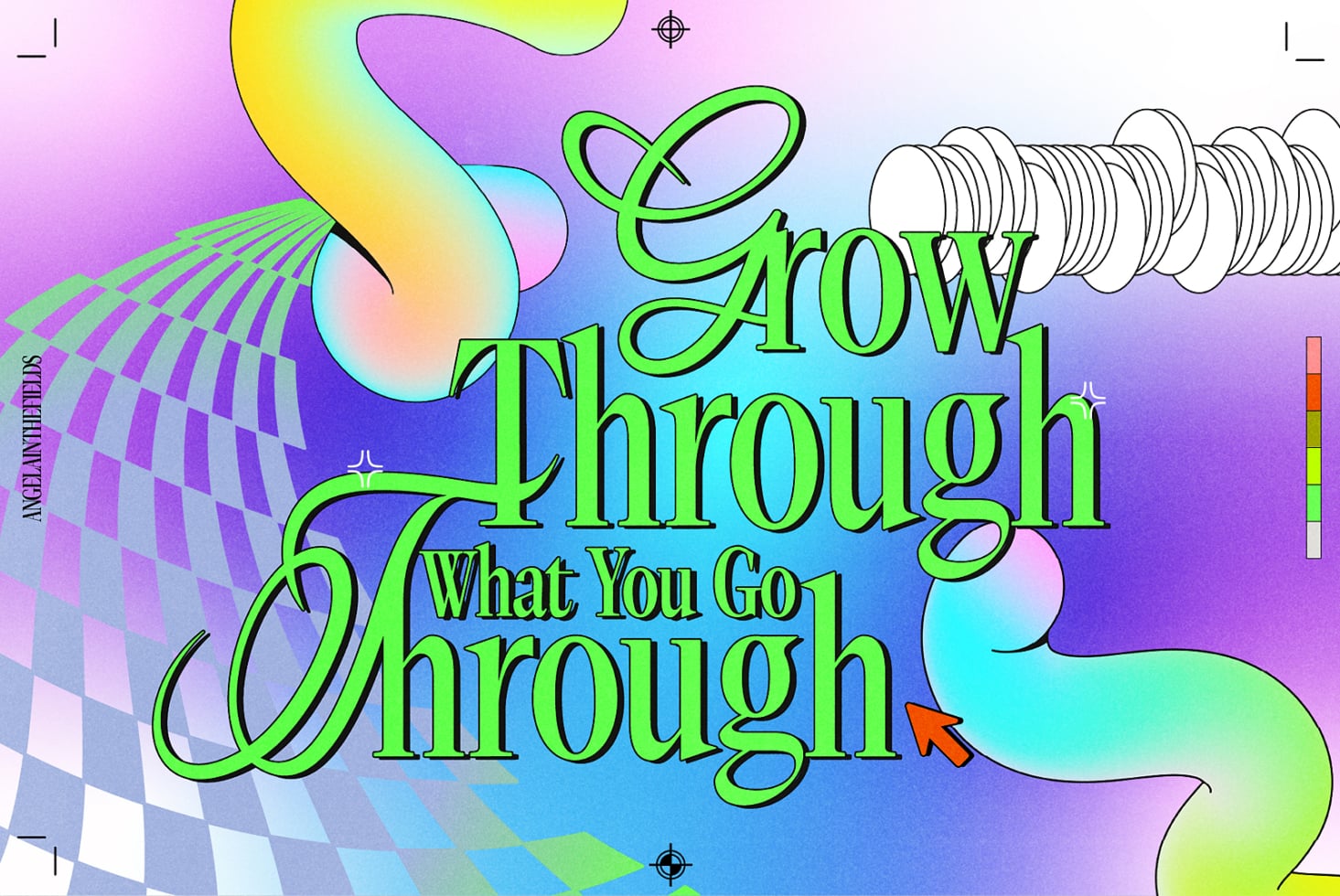 Bright gradient text Grow Through What You Go Through with abstract curved shapes, lined spirals