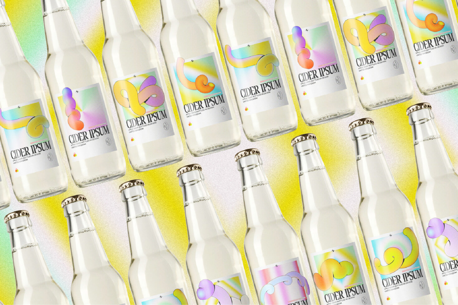 Diagonal lineup of glass cider bottles with gradient labels on yellow pastel surface
