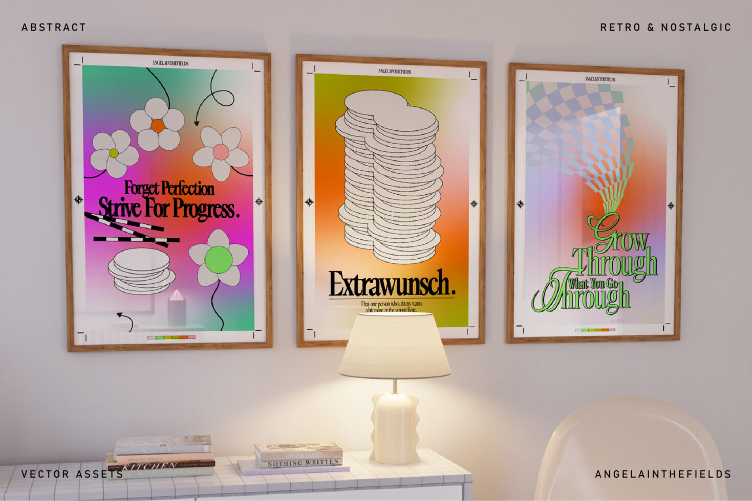 Three framed art prints on wall with motivational type colorful gradient backgrounds