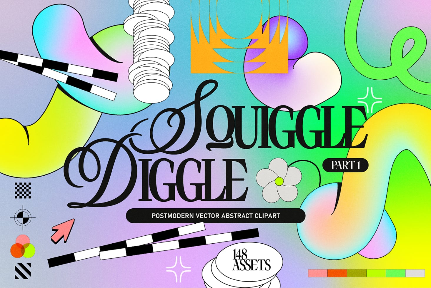 Colorful postmodern clipart collection showing 148 assets with squiggles, flowers, bursts, arrows
