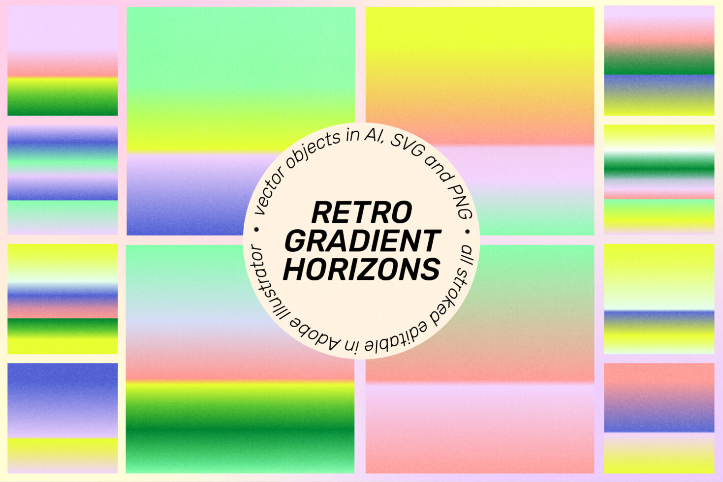 Retro gradient vector collection with vibrant pastel hues for designers. Includes AI SVG PNG formats for editable templates in Adobe Illustrator.