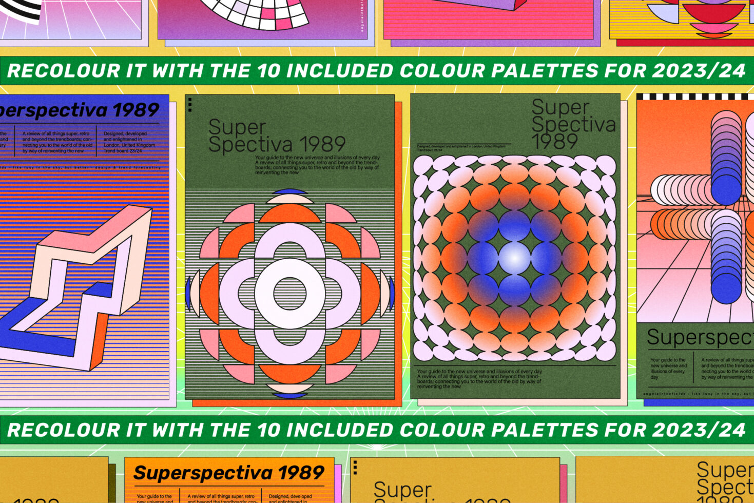 Retro graphic design posters showcasing geometric shapes and vibrant 1989 style. Editable color palettes included for designers. Templates and mockups.