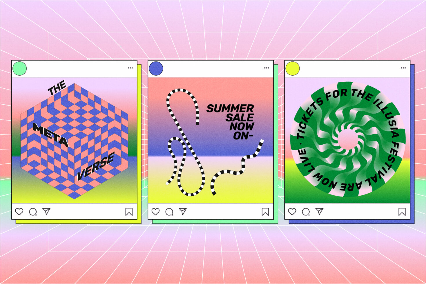 Colorful social media graphics with abstract geometric designs. Ideal for designers seeking unique templates and graphics for creative projects. Vibrant visuals.