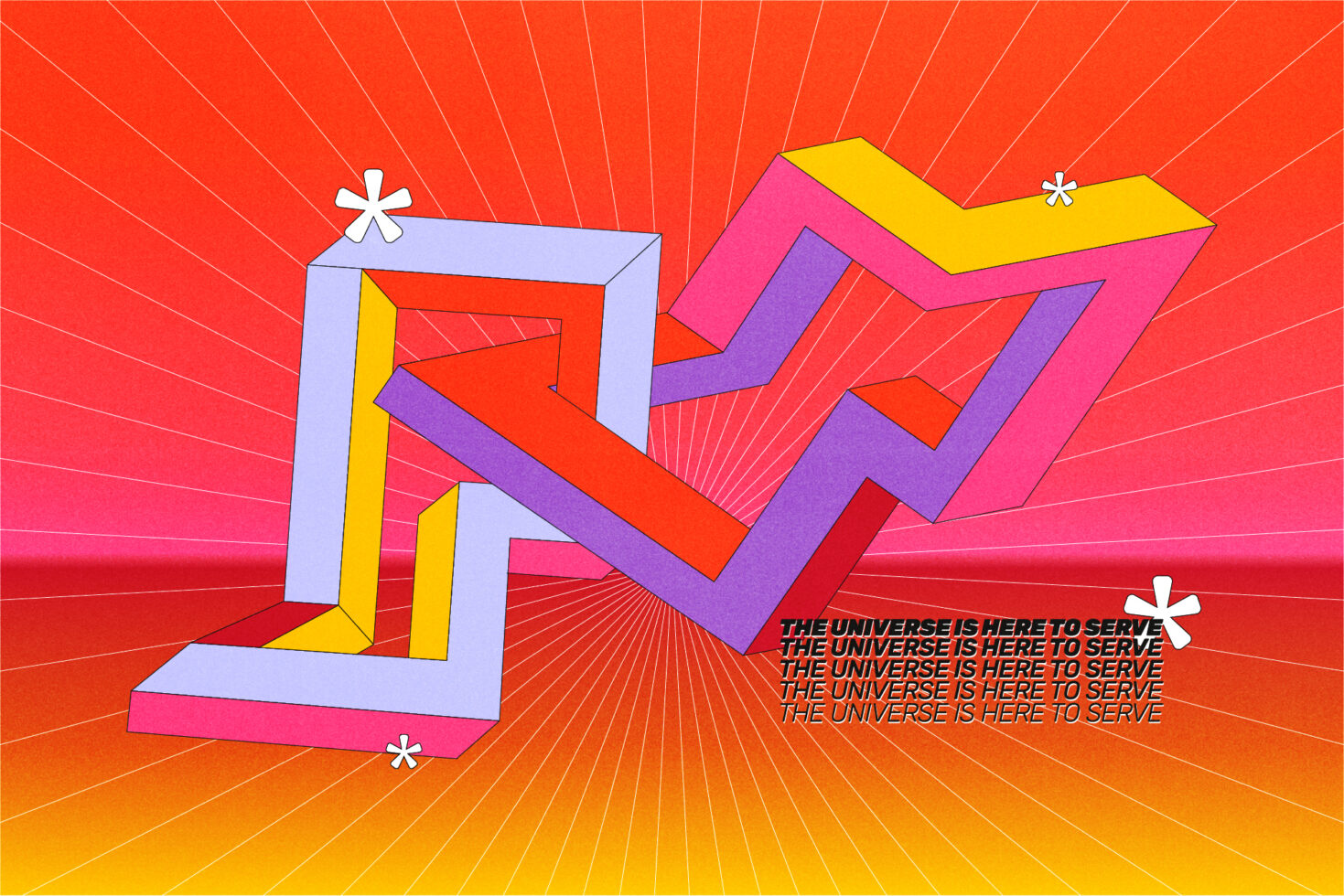 3D abstract geometric design with vibrant colors on red gradient background featuring playful stars and bold text suitable for graphic templates.