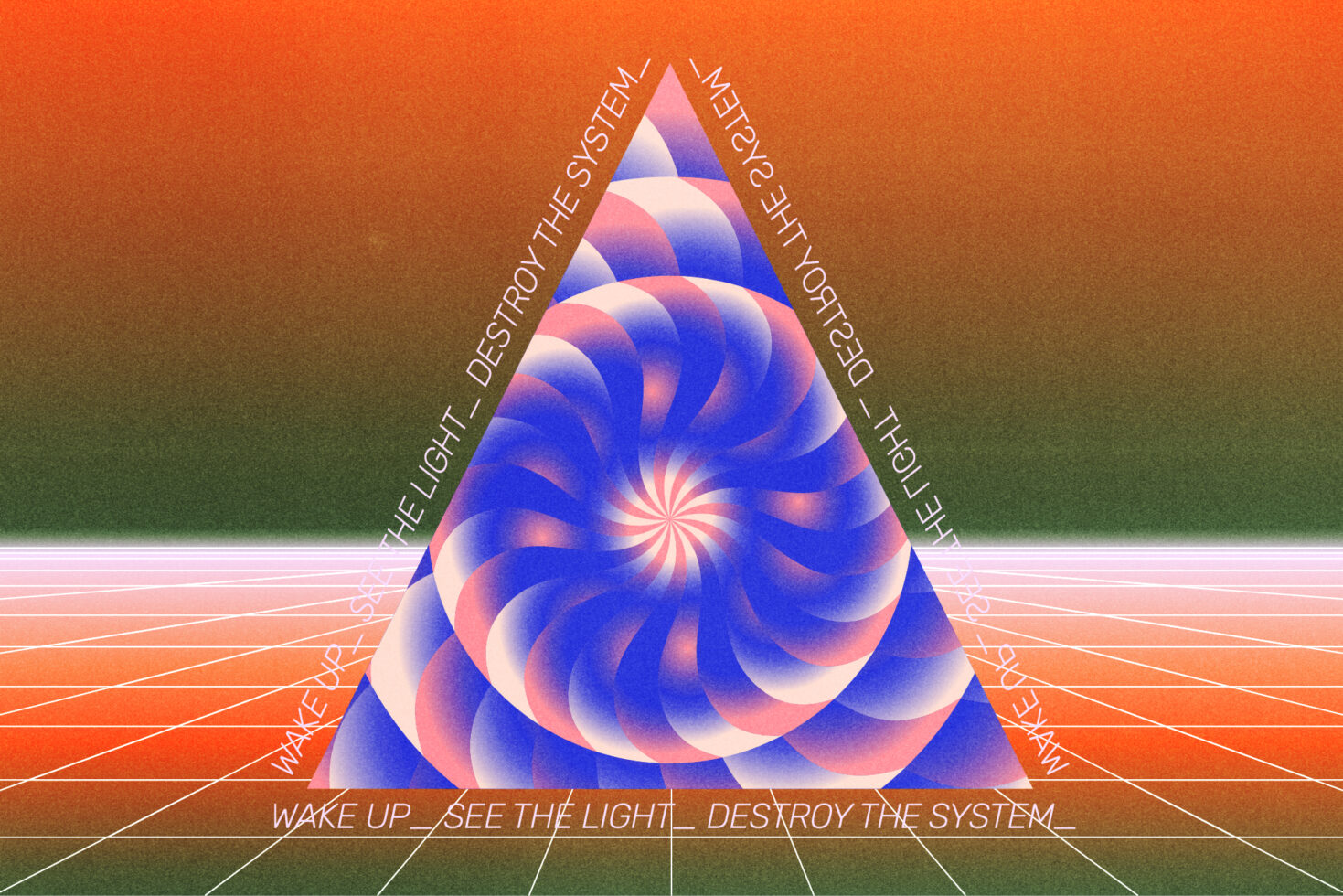 Abstract geometric art with a colorful spiral pattern inside a triangle on a gradient background. Perfect for digital graphics and design templates.