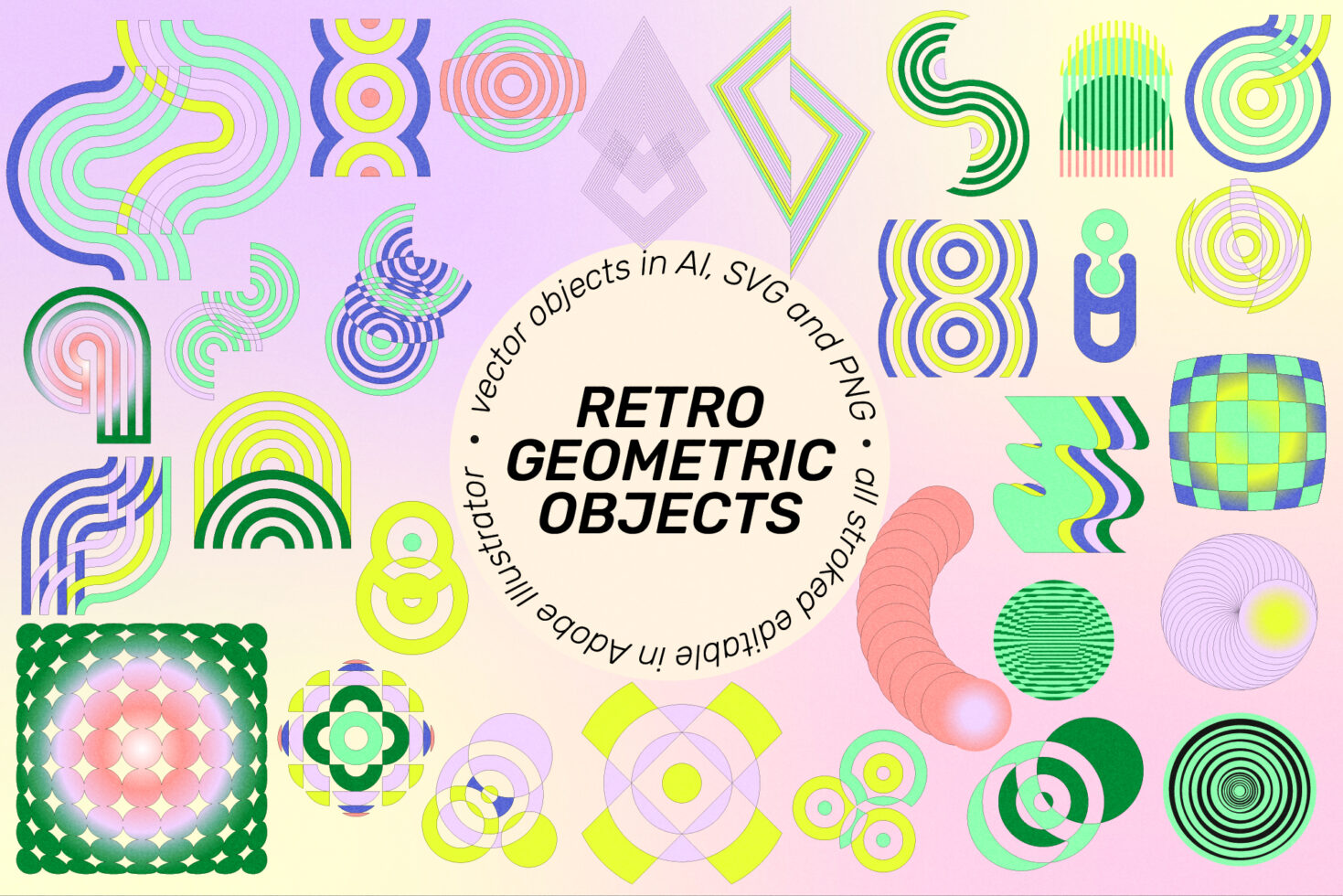 Retro geometric objects in AI SVG PNG formats. Vibrant abstract shapes for vector design. Ideal for graphics templates. Editable in Adobe Illustrator.