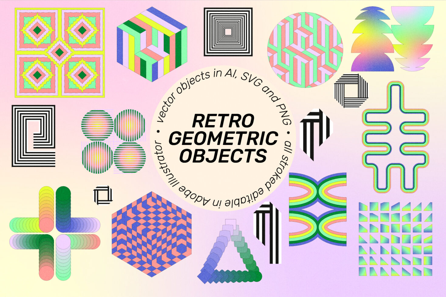 Retro geometric objects vector set in AI SVG PNG. Includes colorful shapes for design templates and graphic projects. Perfect for mockups and illustrations.