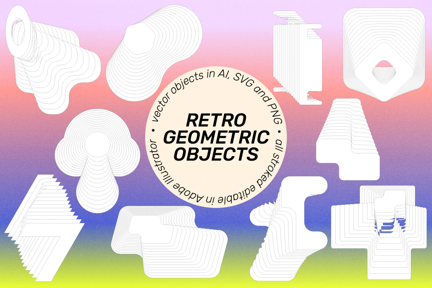 Retro geometric shapes vector set for designers in AI SVG PNG formats Gradient background Editable for Adobe Illustrator Graphic design assets