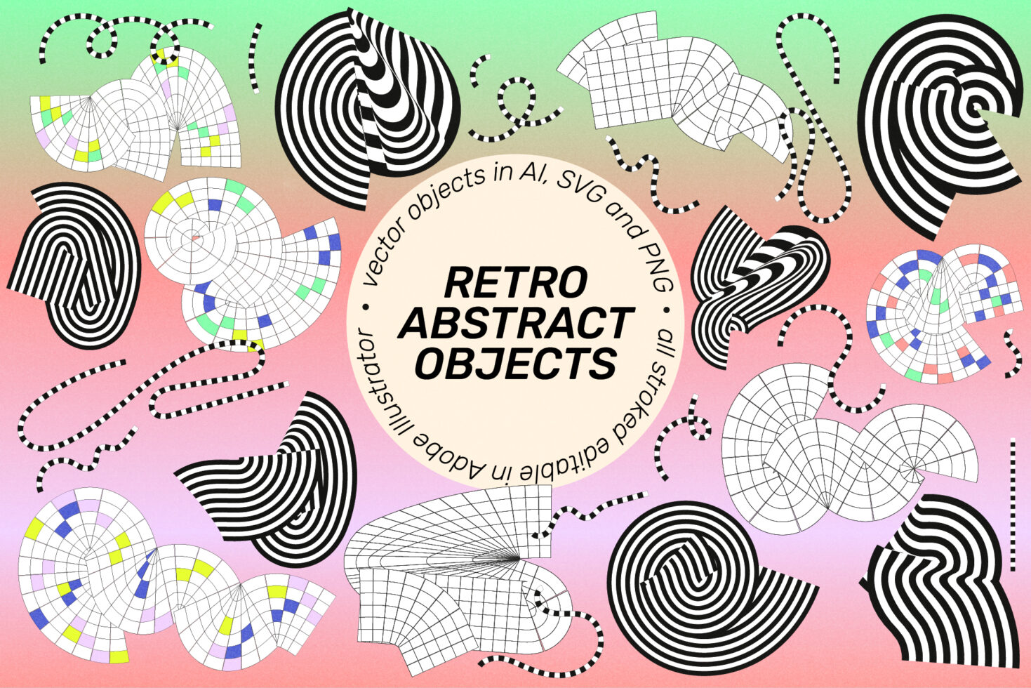 Retro abstract vector objects in AI SVG PNG formats featuring geometric patterns lines gradients ideal for designers seeking unique graphic elements