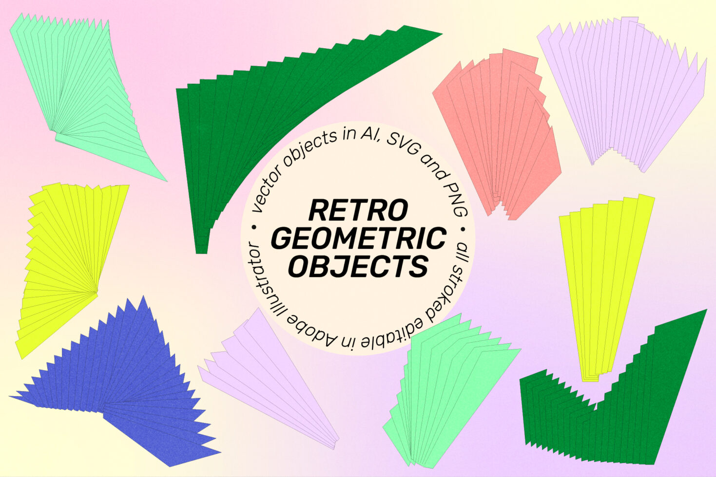 Retro geometric objects in vibrant colors for graphic design projects. Editable vector shapes in AI SVG PNG formats for designers. Creative templates.