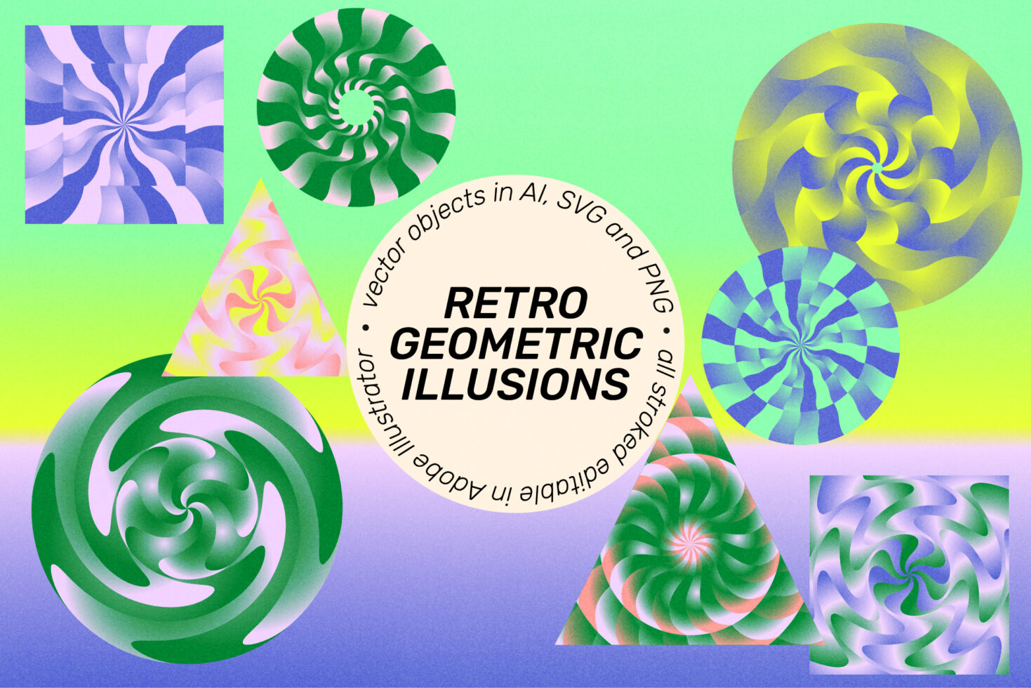 Retro geometric illusions graphic featuring colorful spiral patterns in vector format AI SVG PNG ideal for designers seeking abstract design elements.