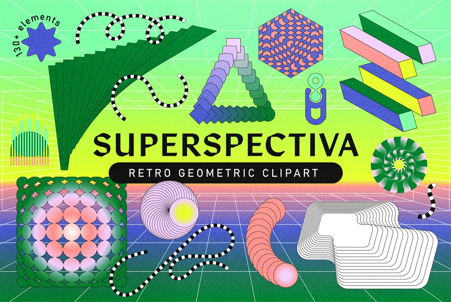 Retro geometric clipart collection featuring vibrant shapes and elements suitable for graphic design projects. Ideal for creative templates.